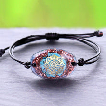 Load image into Gallery viewer, Orgonite bracelet with Turquoise stones surrounded by copper shavings. Features a central Sri Yantra energy patch.