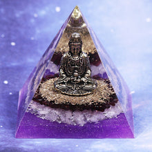 Load image into Gallery viewer, Orgonite pyramid with Rose Quartz crystals, gold foil shavings and a Buddha statue.