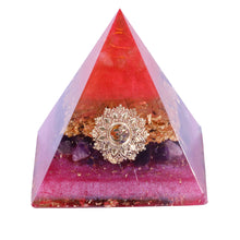 Load image into Gallery viewer, Orgonite pyramid with Amethyst and Quartz crystals. Features a Lotus Flower and Aum copper energy patch.