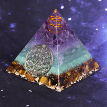Load image into Gallery viewer, Orgonite pyramid with Tiger's Eye, Amethyst and Fluorite crystals. Includes a quartz crystal in a copper energy coil, gold foil shavings and a sacred Flower of Life energy patch.