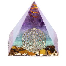 Load image into Gallery viewer, Orgonite pyramid with Tiger's Eye, Amethyst and Fluorite crystals. Includes a quartz crystal in a copper energy coil, gold foil shavings and a sacred Flower of Life energy patch.