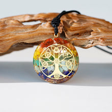 Load image into Gallery viewer, Orgonite necklace with seven different stones & a tree of life energy patch.