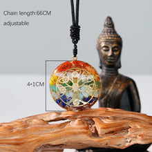 Load image into Gallery viewer, Orgonite necklace with seven different stones & a tree of life energy patch.