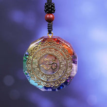 Load image into Gallery viewer, An orgonite pendant necklace with seven stones and a copper 'Aum' energy patch.