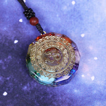 Load image into Gallery viewer, An orgonite pendant necklace with seven stones and a copper 'Aum' energy patch.