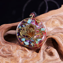 Load image into Gallery viewer, Turquoise and Tiger's Eye Lotus Aum Orgonite Necklace