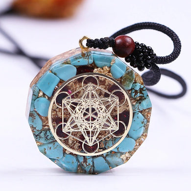 TURQUOISE & GARNET METATRON'S CUBE Orgonite necklace at The Orgone Shop