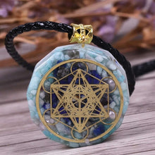 Load image into Gallery viewer, AMAZONITE, PEARL & LAPIS LAZULI METATRON'S CUBE Orgonite Necklace at The Orgone Shop
