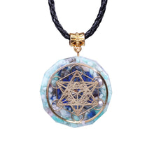 Load image into Gallery viewer, AMAZONITE, PEARL & LAPIS LAZULI METATRON'S CUBE Orgonite Necklace at The Orgone Shop