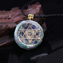 Load image into Gallery viewer, AMAZONITE, PEARL & LAPIS LAZULI METATRON'S CUBE Orgonite Necklace at The Orgone Shop