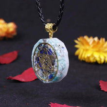 Load image into Gallery viewer, AMAZONITE, PEARL & LAPIS LAZULI METATRON'S CUBE Orgonite Necklace at The Orgone Shop