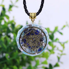 Load image into Gallery viewer, AMAZONITE, PEARL & LAPIS LAZULI METATRON'S CUBE Orgonite Necklace at The Orgone Shop