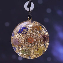 Load image into Gallery viewer, An orgonite pendant necklace with seven stones and a sacred Metatron&#39;s Cube copper energy patch.