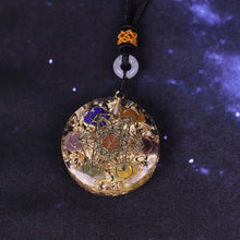 Load image into Gallery viewer, An orgonite pendant necklace with seven stones and a sacred Metatron&#39;s Cube copper energy patch.