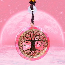 Load image into Gallery viewer, Orgonite Necklace with Rose Quartz and gold Tree of Life emblem.