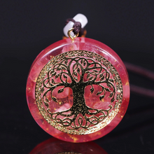 Load image into Gallery viewer, Orgonite Necklace with Rose Quartz and gold Tree of Life emblem.