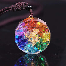 Load image into Gallery viewer, Orgonite necklace rear view with rainbow foil.