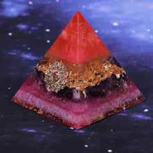 Load image into Gallery viewer, Orgonite pyramid with Amethyst and Quartz crystals. Features a Lotus Flower and Aum copper energy patch.