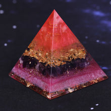 Load image into Gallery viewer, Orgonite pyramid with Amethyst and Quartz crystals. Features a Lotus Flower and Aum copper energy patch.