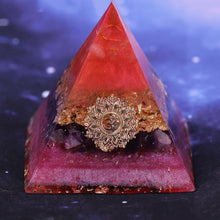 Load image into Gallery viewer, Orgonite pyramid with Amethyst and Quartz crystals. Features a Lotus Flower and Aum copper energy patch.