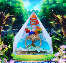 Load image into Gallery viewer, Sky blue orgonite pyramid with seven crystal stones. Features a quartz and copper energy coil, with a copper Tree of Life energy patch.