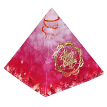 Load image into Gallery viewer, A vibrant pink orgonite pyramid with quartz crystals and a quartz-copper energy coil. Features a copper Metatron&#39;s Cube energy patch and gold foil shavings.