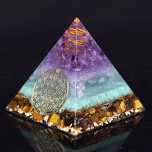 Load image into Gallery viewer, Orgonite pyramid with Tiger&#39;s Eye, Amethyst and Fluorite crystals. Includes a quartz crystal in a copper energy coil, gold foil shavings and a sacred Flower of Life energy patch.