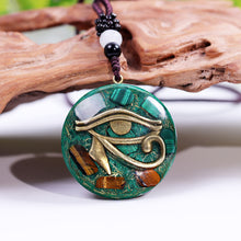 Load image into Gallery viewer, Orgonite necklace with Malachite and Tigers Eye. Features the Eye of Horus.