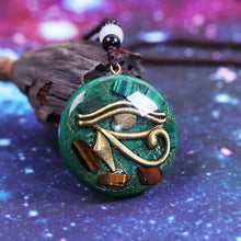 Load image into Gallery viewer, Orgonite necklace with Malachite and Tigers Eye. Features the Eye of Horus.