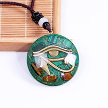 Load image into Gallery viewer, Orgonite necklace with Malachite and Tigers Eye. Features the Eye of Horus.