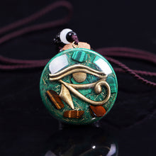 Load image into Gallery viewer, Orgonite necklace with Malachite and Tigers Eye. Features the Eye of Horus.