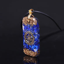 Load image into Gallery viewer, Orgonite necklace with Lapis Lazuli, brass foil shavings and the Sri Yantra emblem.