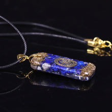 Load image into Gallery viewer, Orgonite necklace with Lapis Lazuli, brass foil shavings and the Sri Yantra emblem.