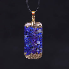 Load image into Gallery viewer, Orgonite necklace with Lapis Lazuli, brass foil shavings rear view.