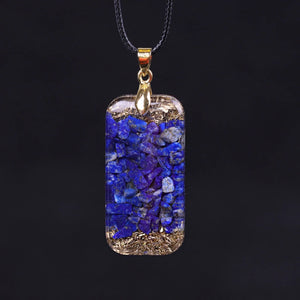 Orgonite necklace with Lapis Lazuli, brass foil shavings rear view.