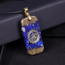 Load image into Gallery viewer, Orgonite necklace with Lapis Lazuli, brass foil shavings and the Sri Yantra emblem.