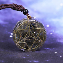 Load image into Gallery viewer, Orgonite pendant necklace with Labradorite stones and copper Merkaba Star energy patch.