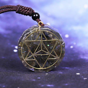 Orgonite pendant necklace with Labradorite stones and copper Merkaba Star energy patch.