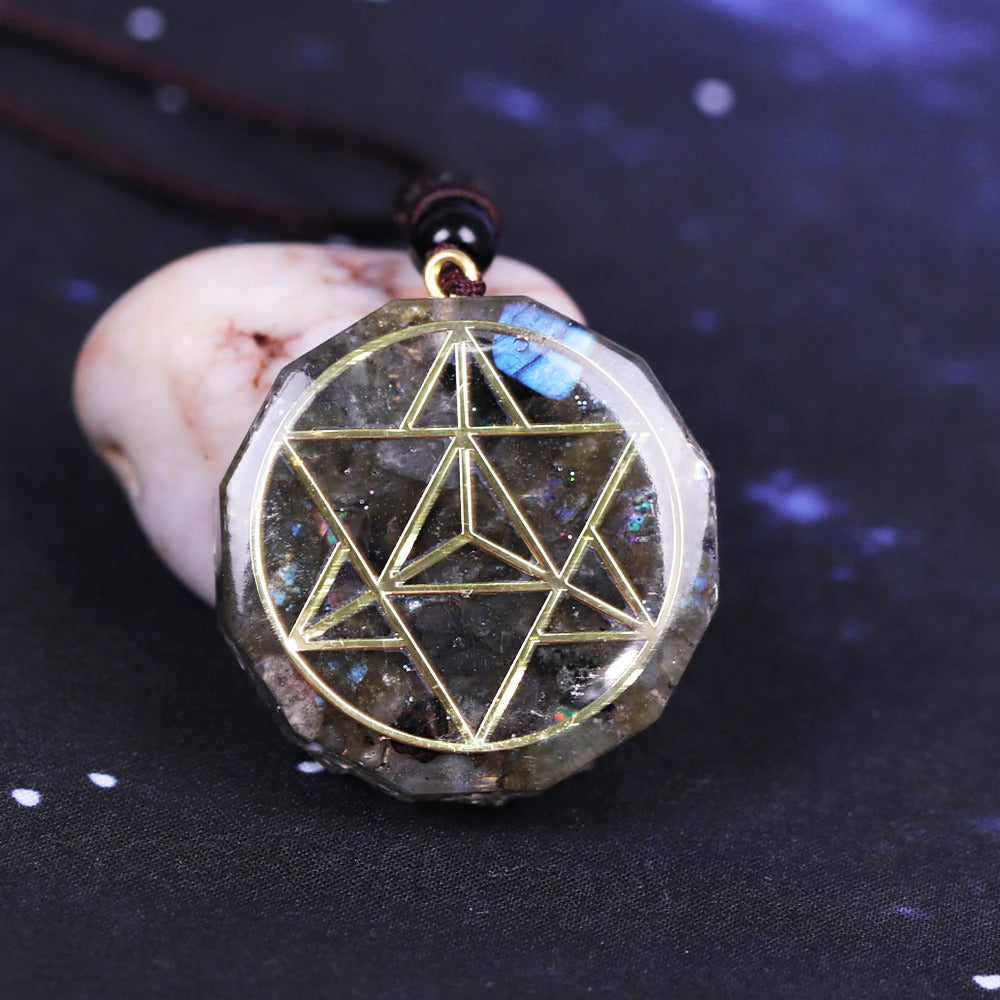 Orgonite pendant necklace with Labradorite stones and copper Merkaba Star energy patch.