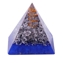 Load image into Gallery viewer, An orgonite pyramid with Quartz crystal in a copper energy spire, and aluminum shavings.