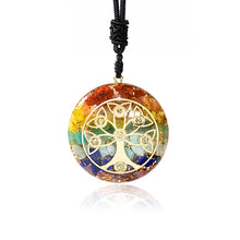 Load image into Gallery viewer, Orgonite necklace with seven different stones &amp; a tree of life energy patch.