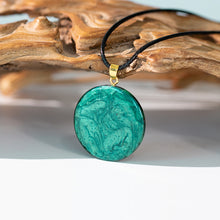 Load image into Gallery viewer, Rear view of iridescent orgonite necklace with a gold tree of life, surrounded by malachite stones from The Orgone Shop.