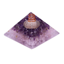 Load image into Gallery viewer, An orgonite pyramid containing natural Amethyst and Rose Quartz crystals. The top layer has an orgone energy copper coil on top of a copper energy patch.