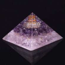 Load image into Gallery viewer, An orgonite pyramid containing natural Amethyst and Rose Quartz crystals. The top layer has an orgone energy copper coil on top of a copper energy patch.