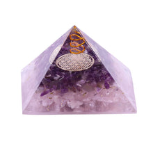 Load image into Gallery viewer, An orgonite pyramid containing natural Amethyst and Rose Quartz crystals. The top layer has an orgone energy copper coil on top of a copper energy patch.