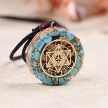 Load image into Gallery viewer, TURQUOISE &amp; GARNET METATRON&#39;S CUBE Orgonite necklace at The Orgone Shop