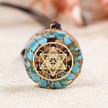 Load image into Gallery viewer, TURQUOISE &amp; GARNET METATRON&#39;S CUBE Orgonite necklace at The Orgone Shop